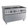 Stainless steel commercial stove with multiple burners on a white background